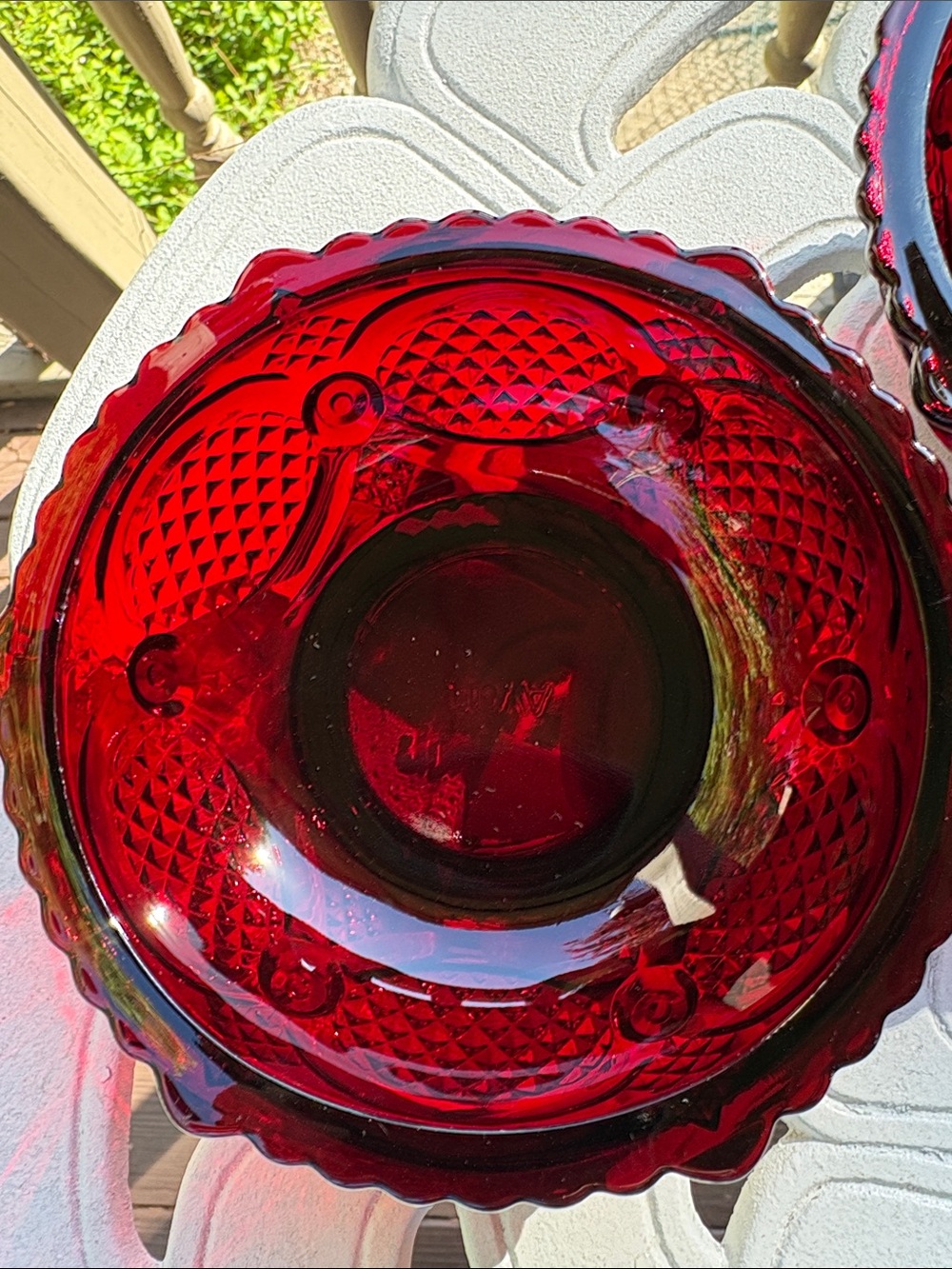 Avon Deep Ruby Red Cape Cod Pressed Glass Dessert Bowls - 3 available. - Picture 3 of 5